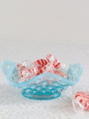 Fenton Blue Opalescent Hobnail Two-Handled Bon Bon Dish